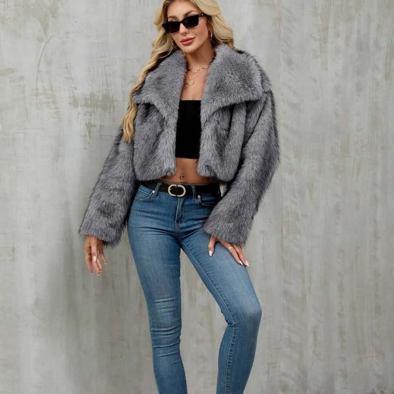 Awdneio Women's Winter Coats Cropped Jacket Faux Fur Long Sleeve