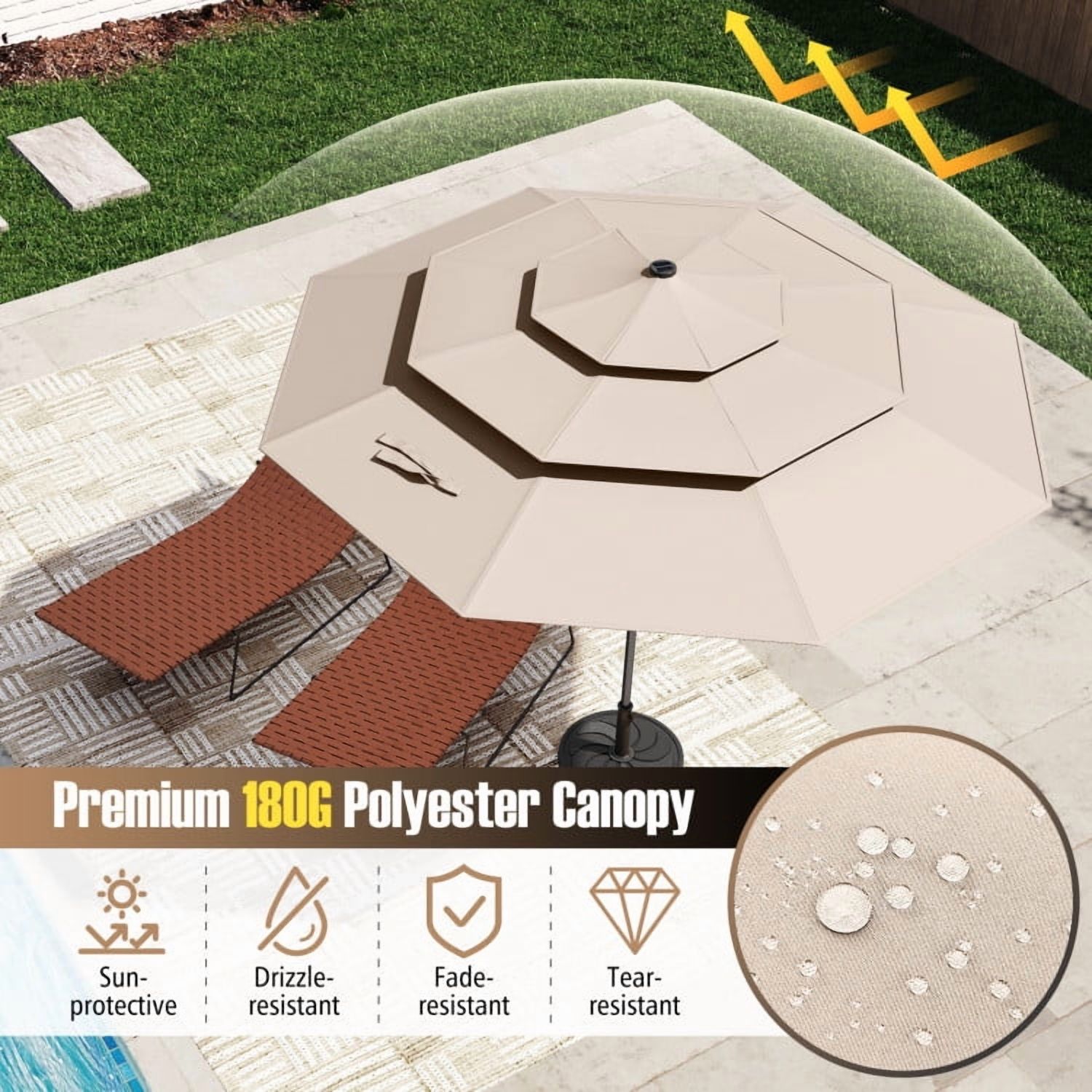 YYAo Outdoor Garden Umbrella,Market Umbrella,10 Feet Solar Patio Umbrella with 32 LED Lights 3-Tier Vented Top-Beige
