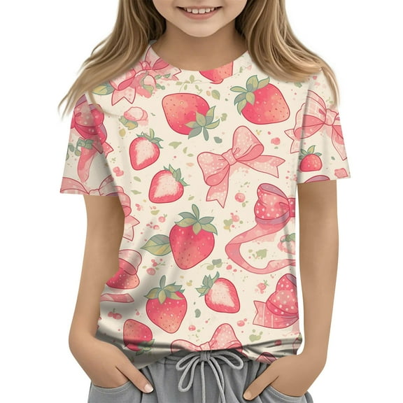 Abcomgle Girls Shirts 10-12 Crewneck Strawberry Bow Graphic Toddler Girls T-Shirts Short Sleeve Girls Shirts Summer Cute Cotton Cartoon Toddler Tops Girls 7-8 Years,Pink