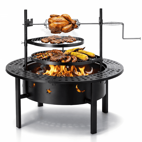 Outdoor Fire Pit with Swivel Cooking Grills, Wood Burning Fire Pit BBQ Grill Combo, Heavy Duty Patio Firepit with Rotating Grill Fork for Backyard, Deck, Camping & Picnic, 33’’ Round