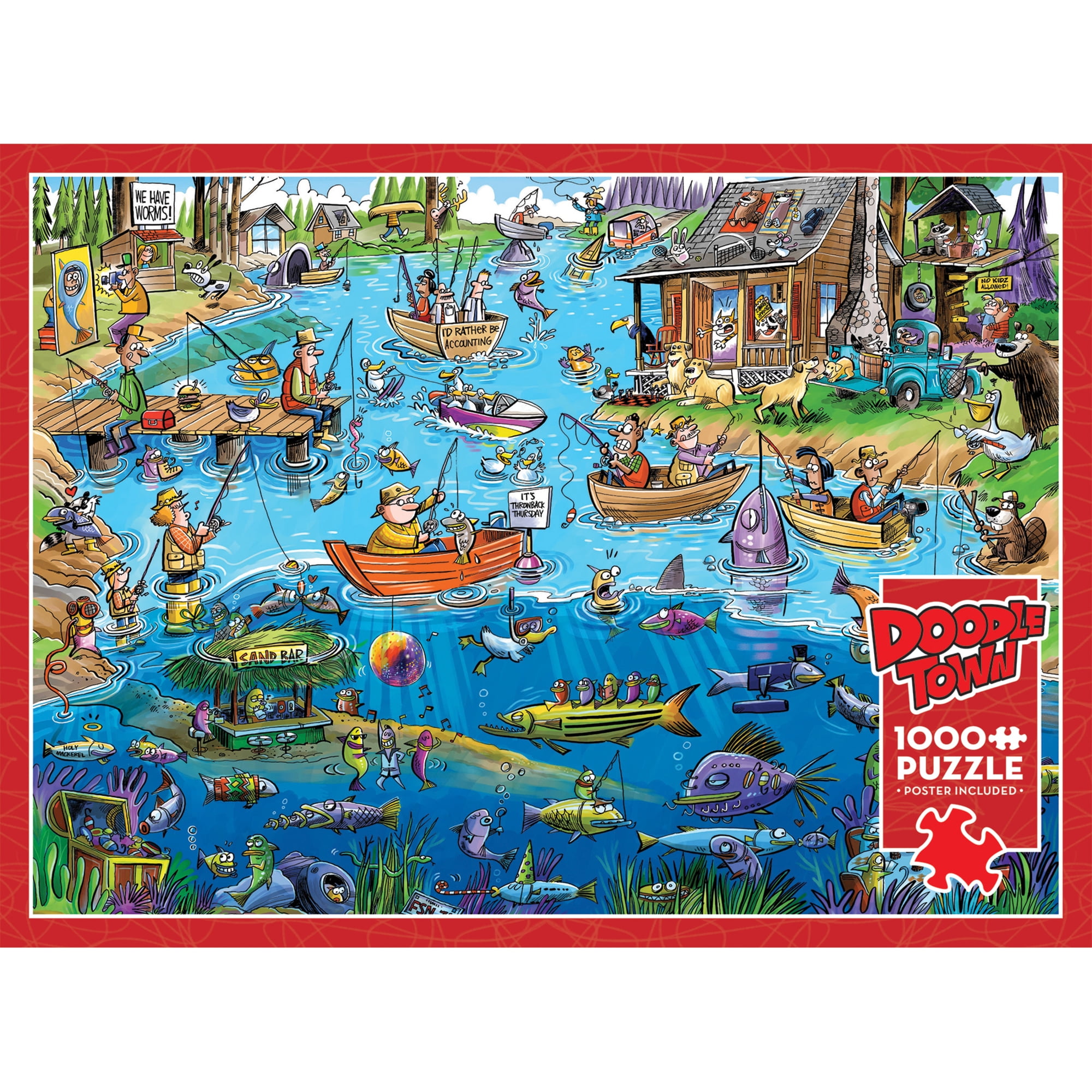 Cobble Hill DoodleTown: Gone Fishing - 1000 Piece Puzzle - Reference Poster Included, High Quality Jigsaw