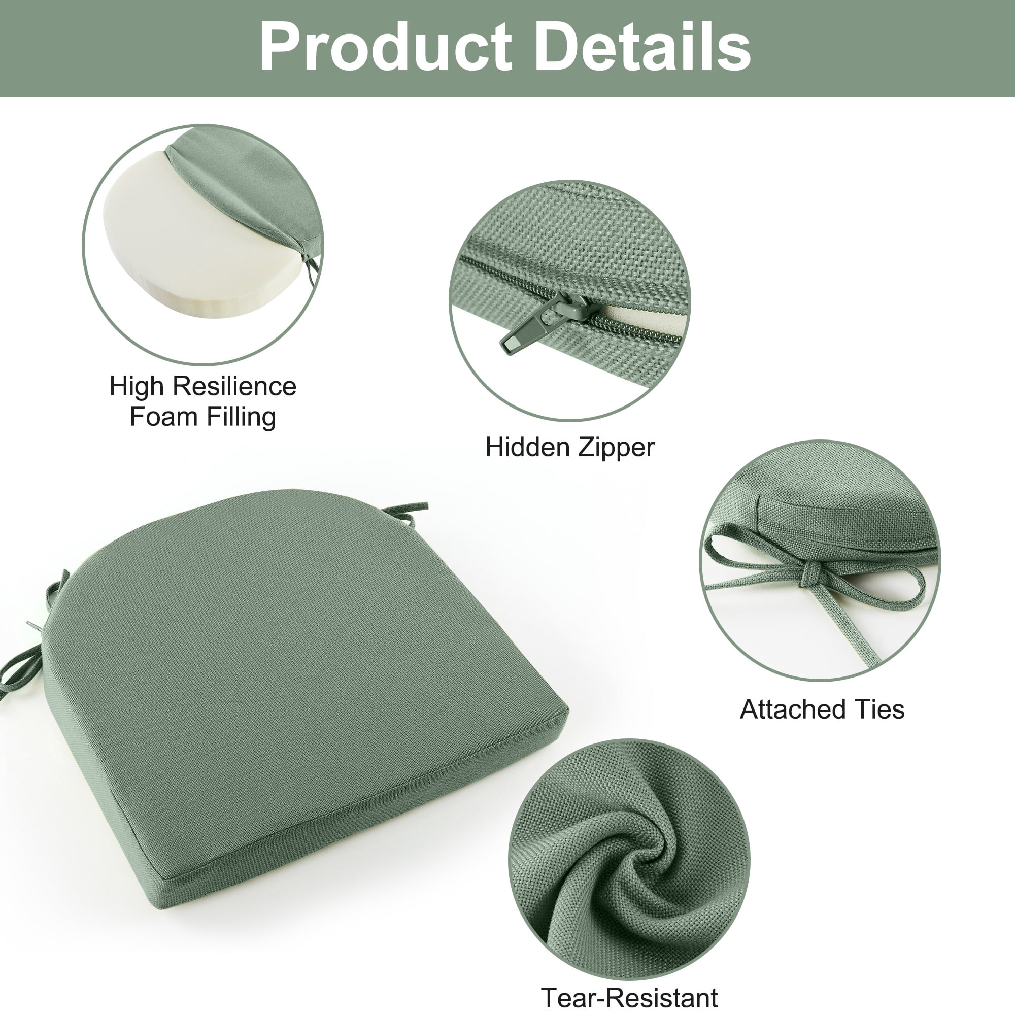 Panpaddle Patio Chair Cushions Set of 4, Waterproof Seat Cushions with Ties for Outdoor Furniture, Garden, Deck & Backyard, Green, 17" x 16" x 2"