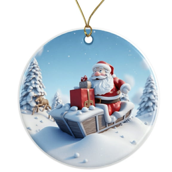 Santa Sleigh Christmas Ornament - Winter Snow Scene Holiday Decor - Festive Gift - Cute Santa Claus Decoration Ceramic Ornament - 3 Inch Christmas Tree Round Ornament - Xmas Holiday Decor ORNW0125