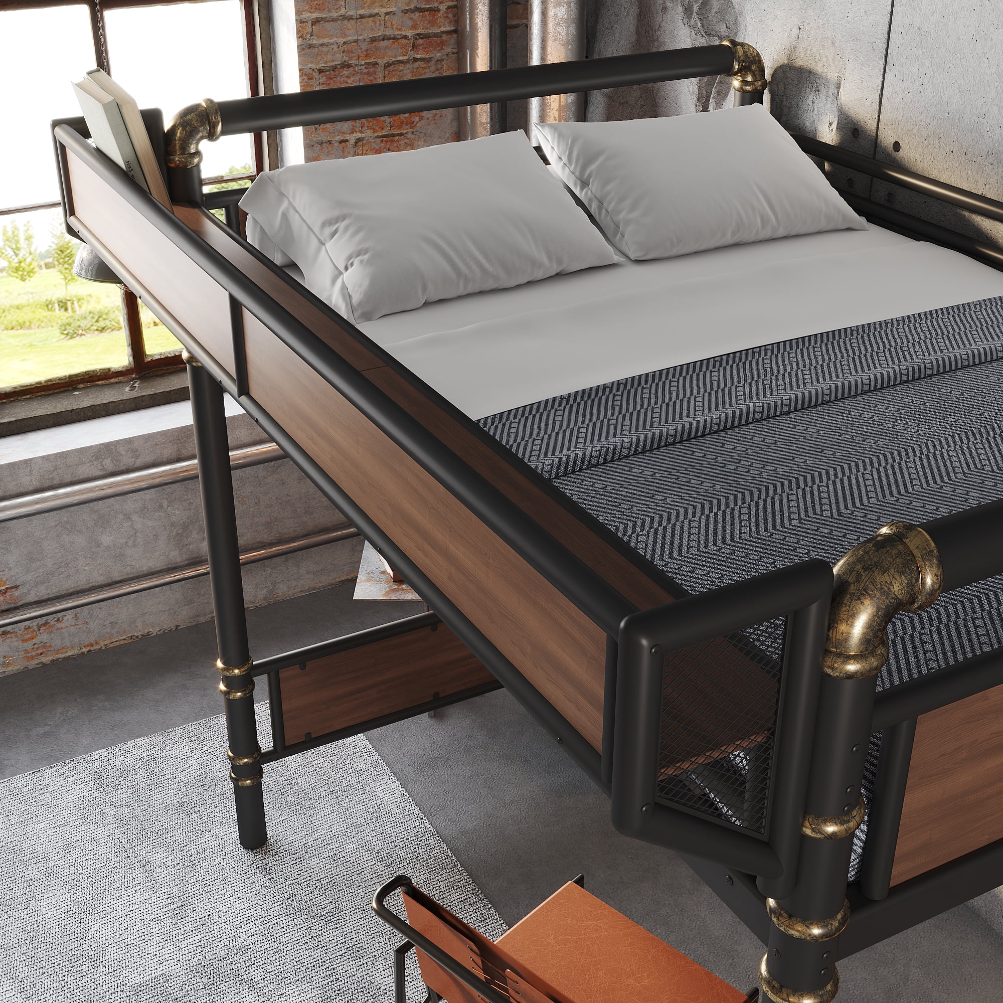 Leumius Full Size Metal Loft Bed with Built-in Desk & Power Outlet, LED Strip, Industrial Metal Loft Bed Frame with Pegboard & Mesh Storage Baskets, Storage Stairs with Wardrobe, Black