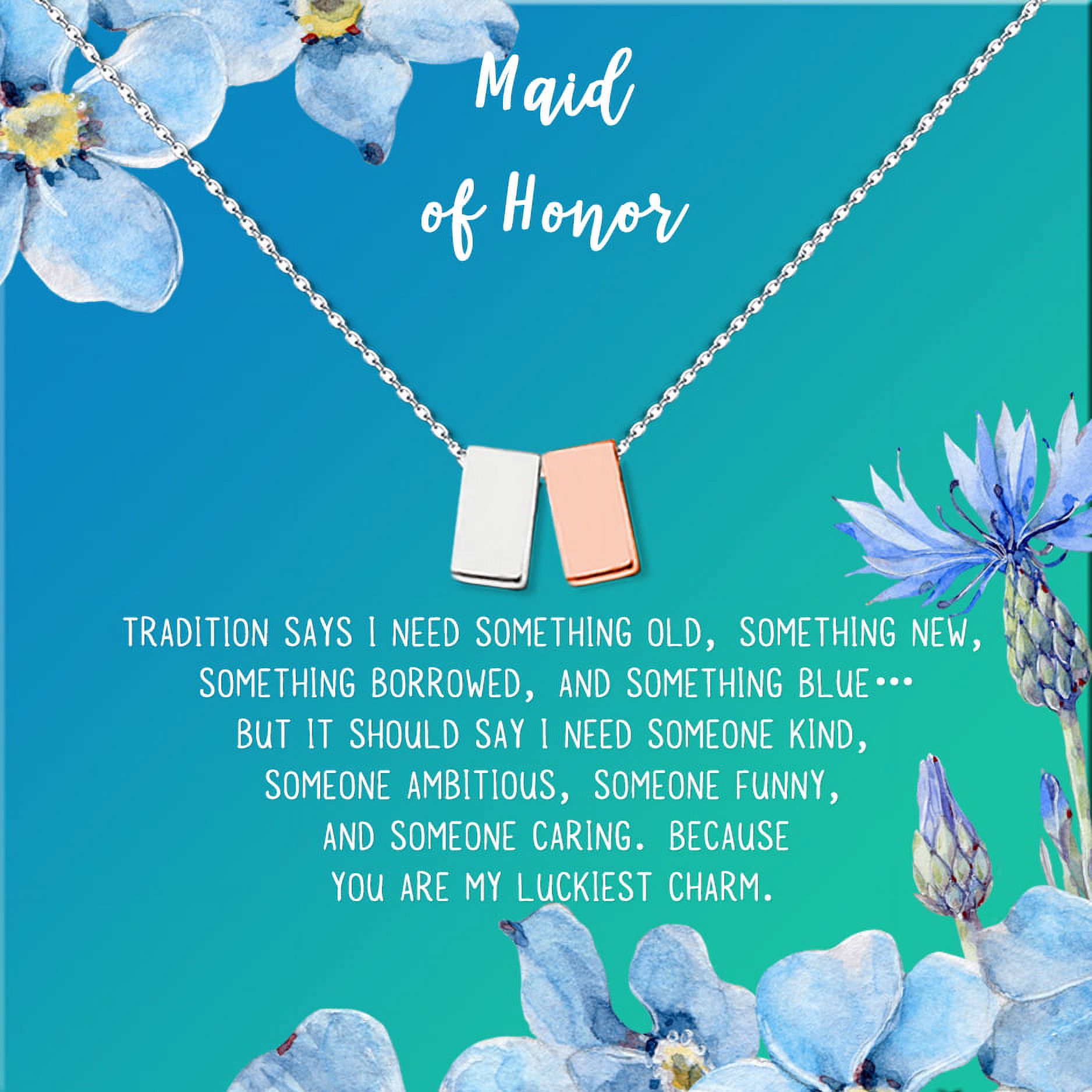 Anavia Maid of Honor Necklace Gift, Maid of Honor Sister Gift, Maid Of Honor Card for Girls, Wedding Gifts Jewelry Necklace-[Silver and Rose Gold Double Cube, Bright Blue Gift Card]