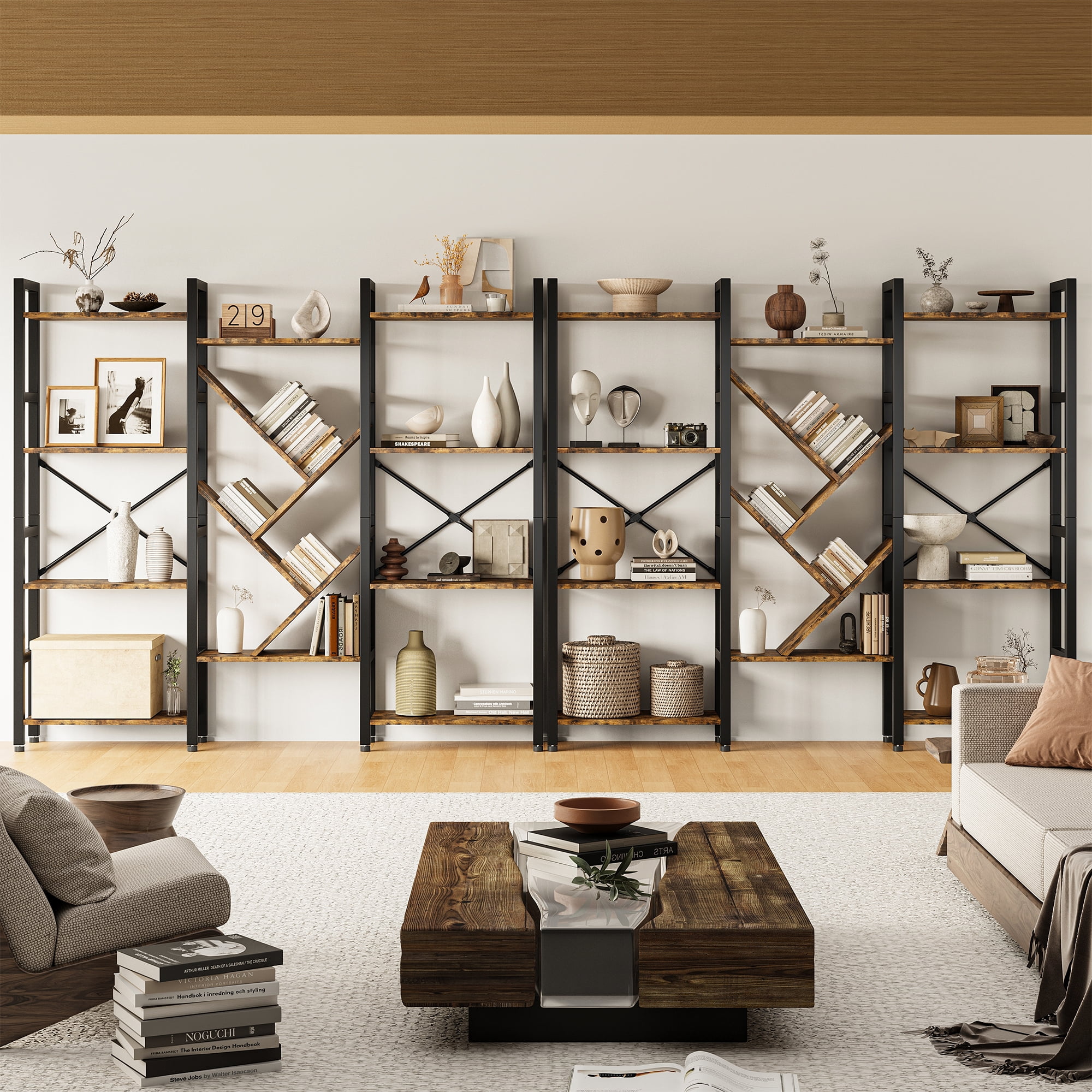4-Tier Large Wooden Bookcase with 14 Open Display Shelves, Modern Tree Design, Metal Frame, Tall Bookshelf for Living Room, Office, or Study