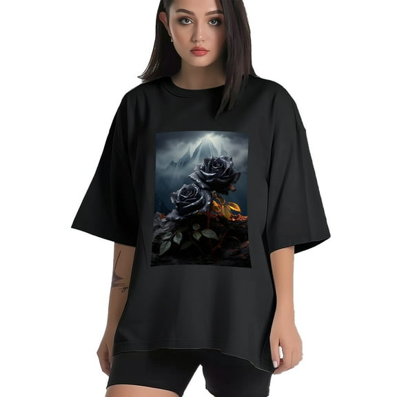 Plus Size Shirt for Women Black Tops for Women Short Sleeves Shirt for Women Roses T Shirt Crewneck Shirt for Women XS