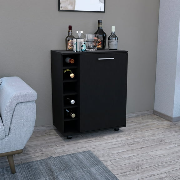 Black Coffee Cart Bar, 6 Bottle , 4 Wheels, Functional Storage For Kitchen & Living Room 32" H Cart, Black, Elegant Cabinet