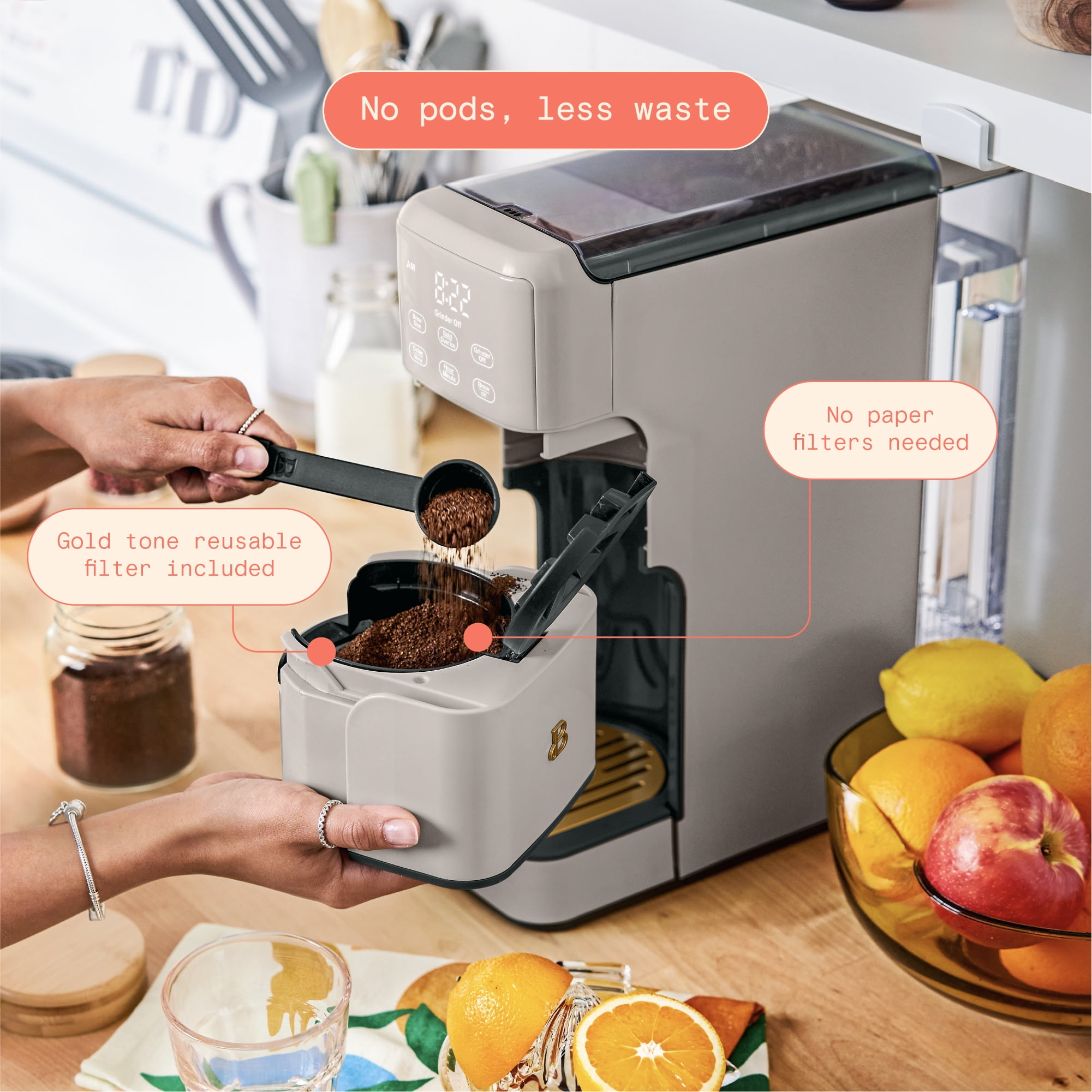 Beautiful Perfect Grind™ Programmable Single Serve Coffee Maker, Porcini Taupe by Drew Barrymore