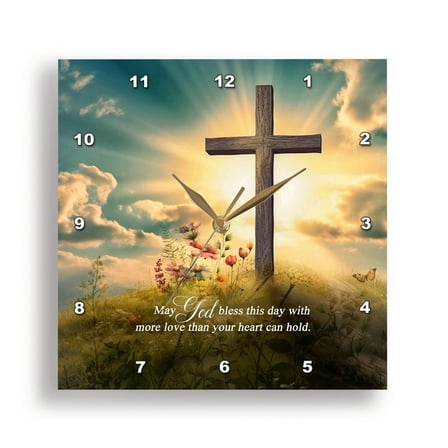 3dRose, Beautiful Christian Cross on a Hill in Sunlight and Religious Message, 10x10 Wall Clock