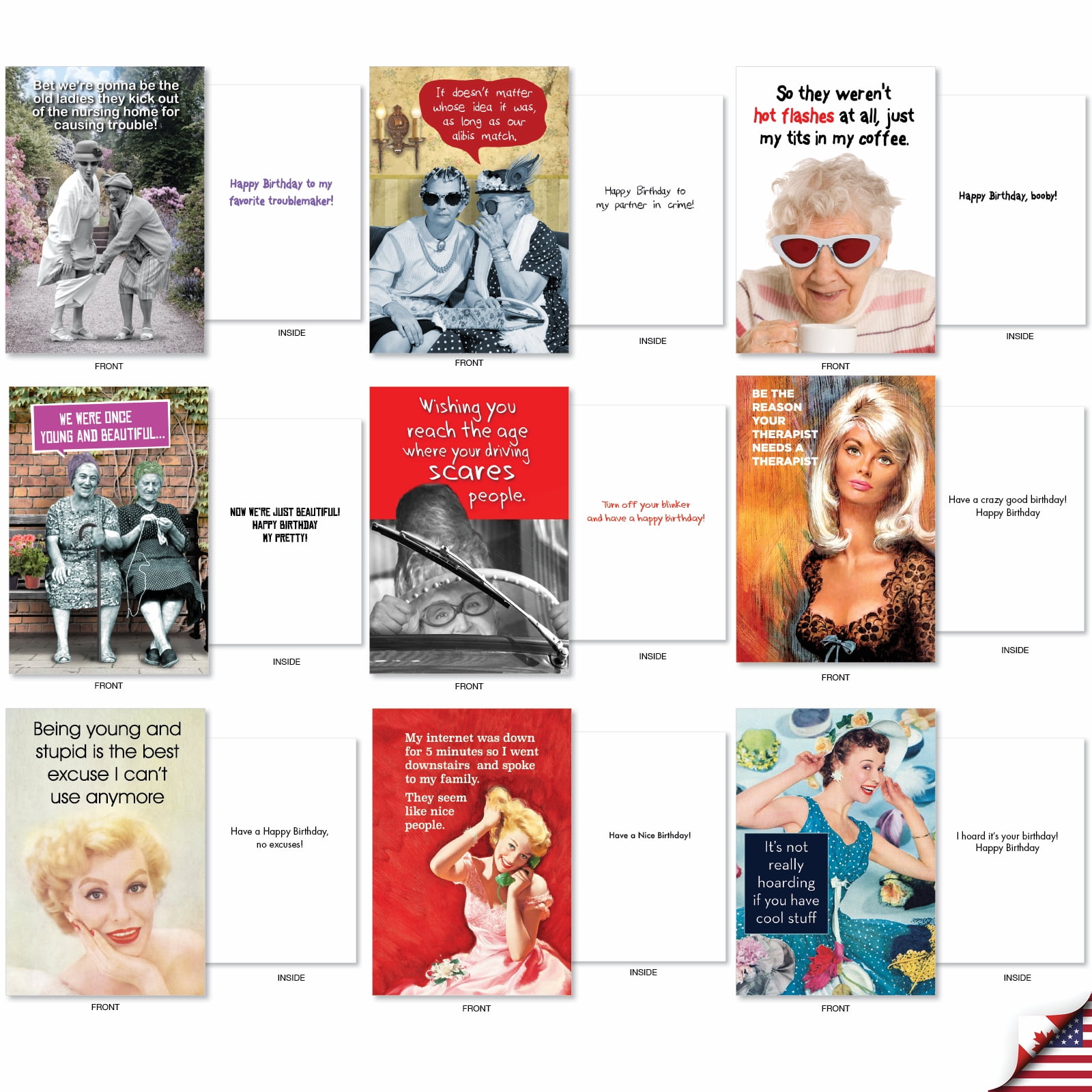 NobleWorks 36 Assorted Box Set Funny Birthday Greeting Cards w/5 x 7 Inch Envelopes (36 Designs, 1 Each) Bday Retro Revelry AC7740BDG-B1x36