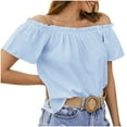 thumbnail image 2 of Rezuofi 2 Pcs Women's Off Shoulder Ruffle Short Sleeve Ruched Casual Loose Tops Blouse Shirt, 2 of 7