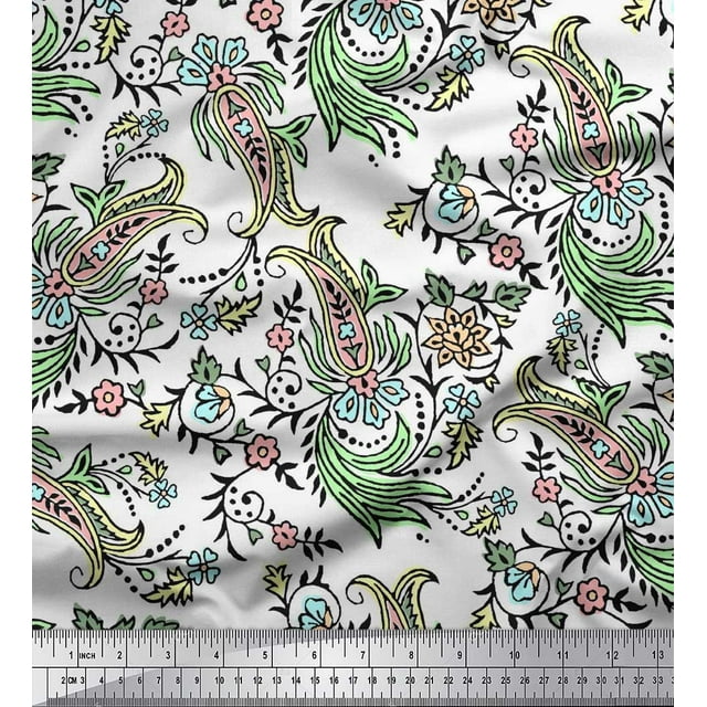 Soimoi Tissu Satin Modal Feuilles, Floral & Paisley Imprimé au Mètre 42 Pouces de Large