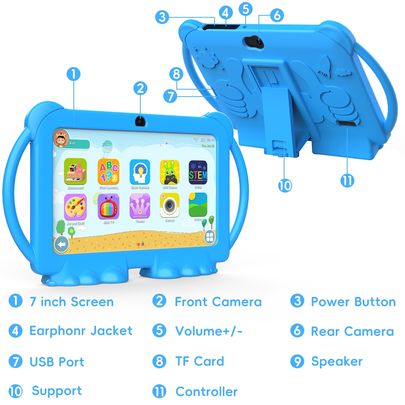 2024 Kids Tablet, 7 inch Android 12 Tablet for Kids, 4GB+32GB ROM+1TB Expand Blue