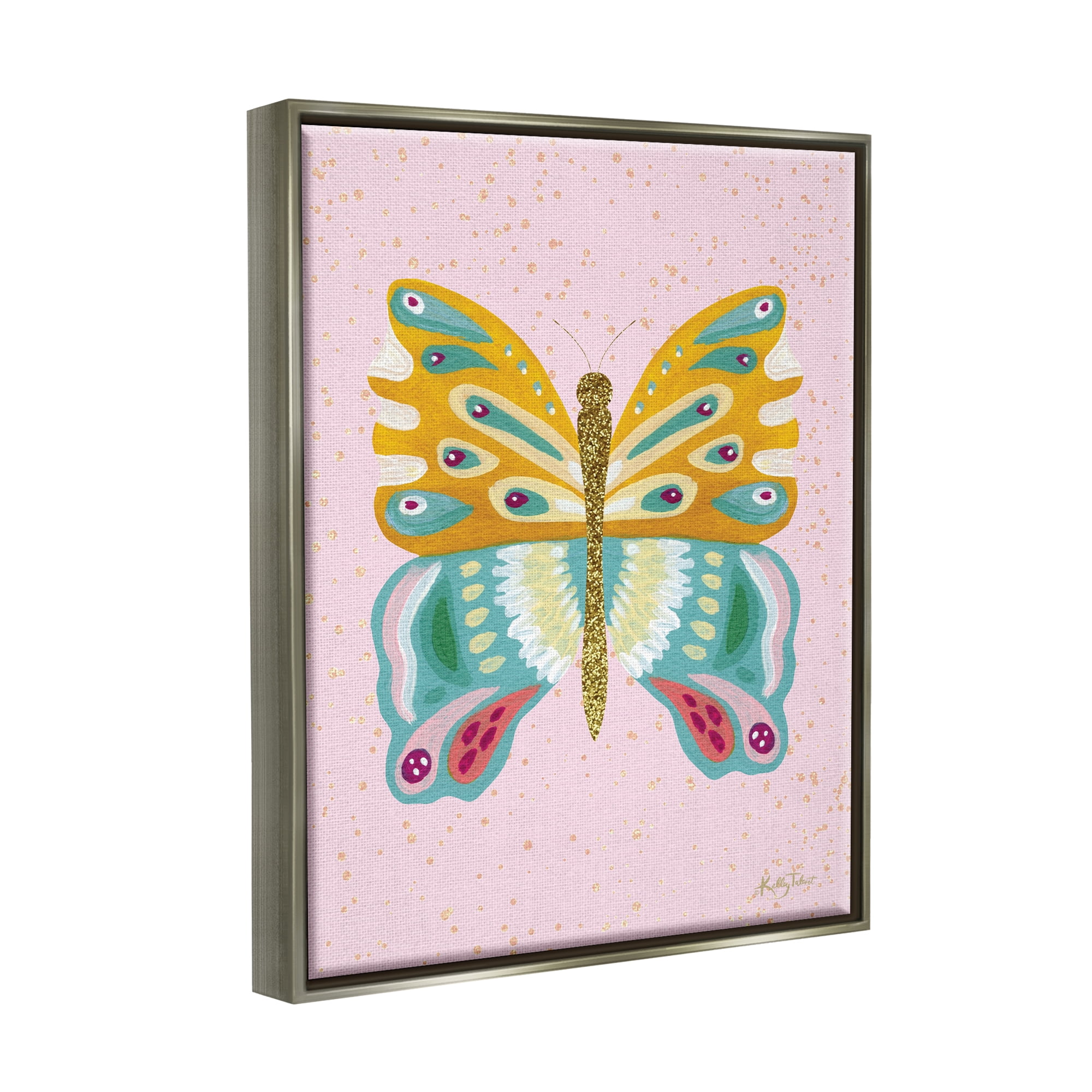 Stupell Industries Glitzy Butterfly on Pink Animals & Insects Painting Gray Floater Framed Canvas Art Print Wall Art, 25 x 31
