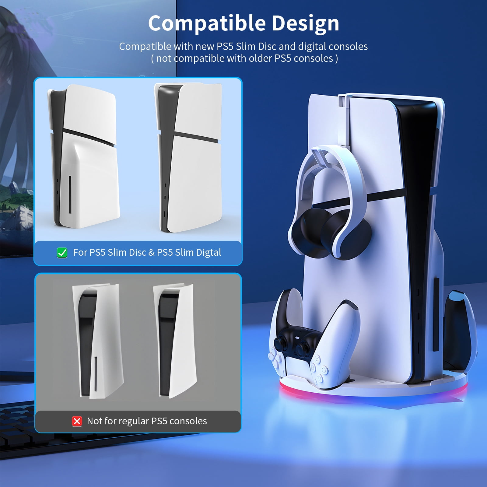 PS5 Slim Stand with Cooling Station and Controller Charging Station for PS5 Slim Console Disc/Digital,with RGB Light and Headset Holder