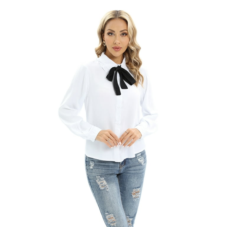 Women s Button Down Shirts Flounce Peter Pan Collar Bow Tie Shirts