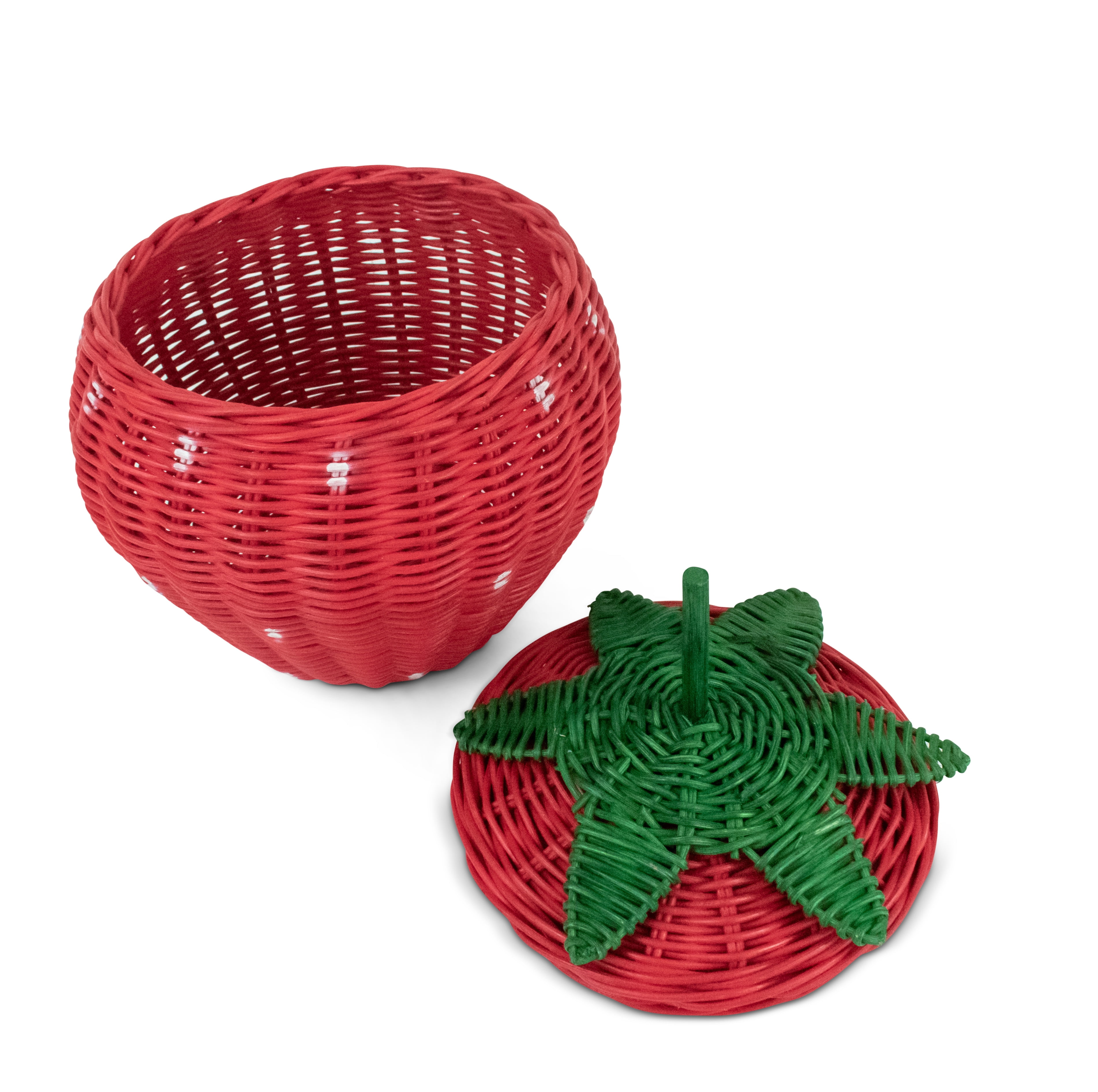G6 Collection Hand Woven Strawberry Rattan Storage Basket with Lid Decorative Bin Home Decor Shelf Organizer Cute Handmade Handcrafted Gift Art Decoration Wicker Size: Medium - 10" tall x 8" Diameter