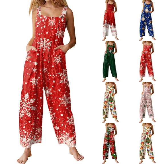 Christmas Jumpsuit for Women Cute Print Sleeveless Bib Overalls Loose Wide Leg Pants with Side Pockets Winter Festive Wear