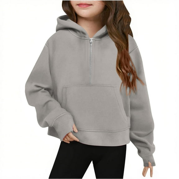 BFHHYA Girls' (5-14Y) Half-Zip Hooded Sweatshirt Fleece Drop Shoulder Hoodie Casual Long Sleeve Pullover with Thumb Holes