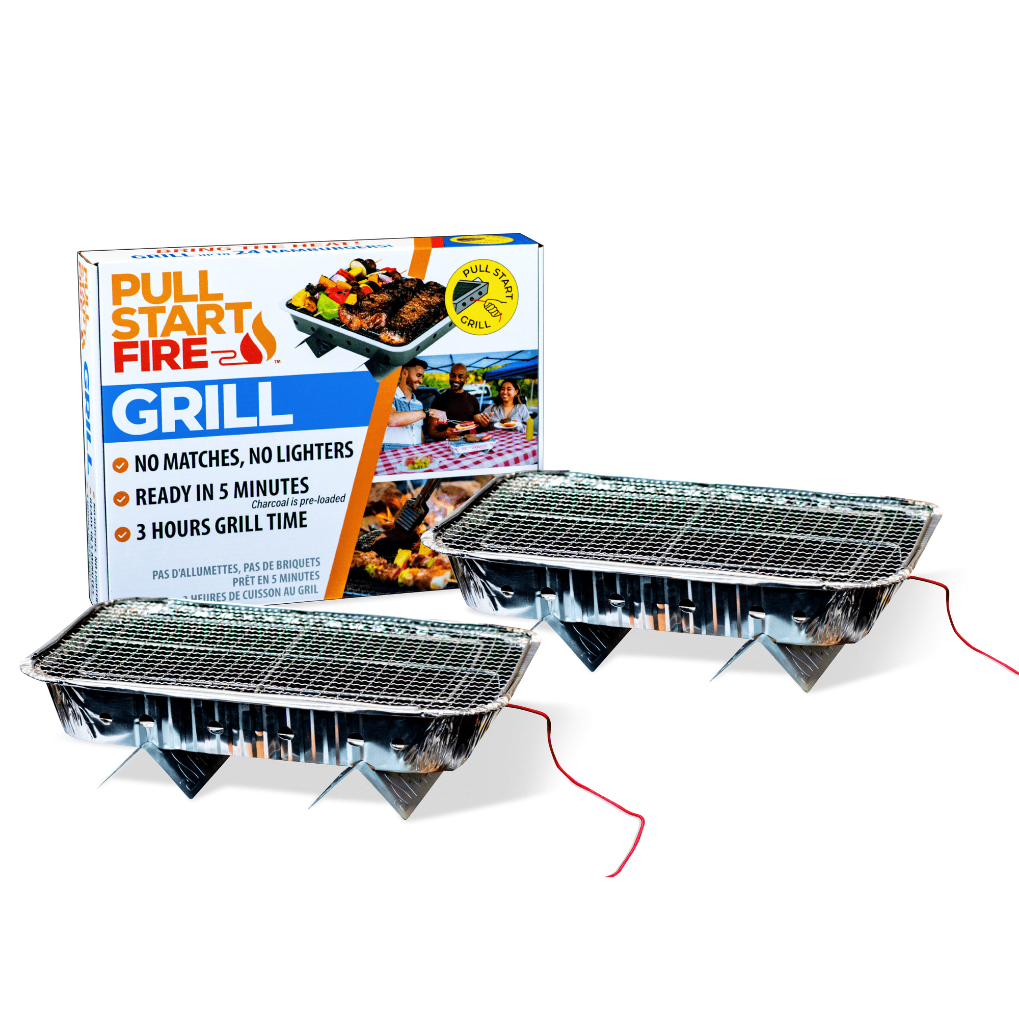 Pull Start Fire Portable Charcoal Disposable Grill, Single Use BBQ, 3-Hour Burn Time, Camping & Outdoor Cooking