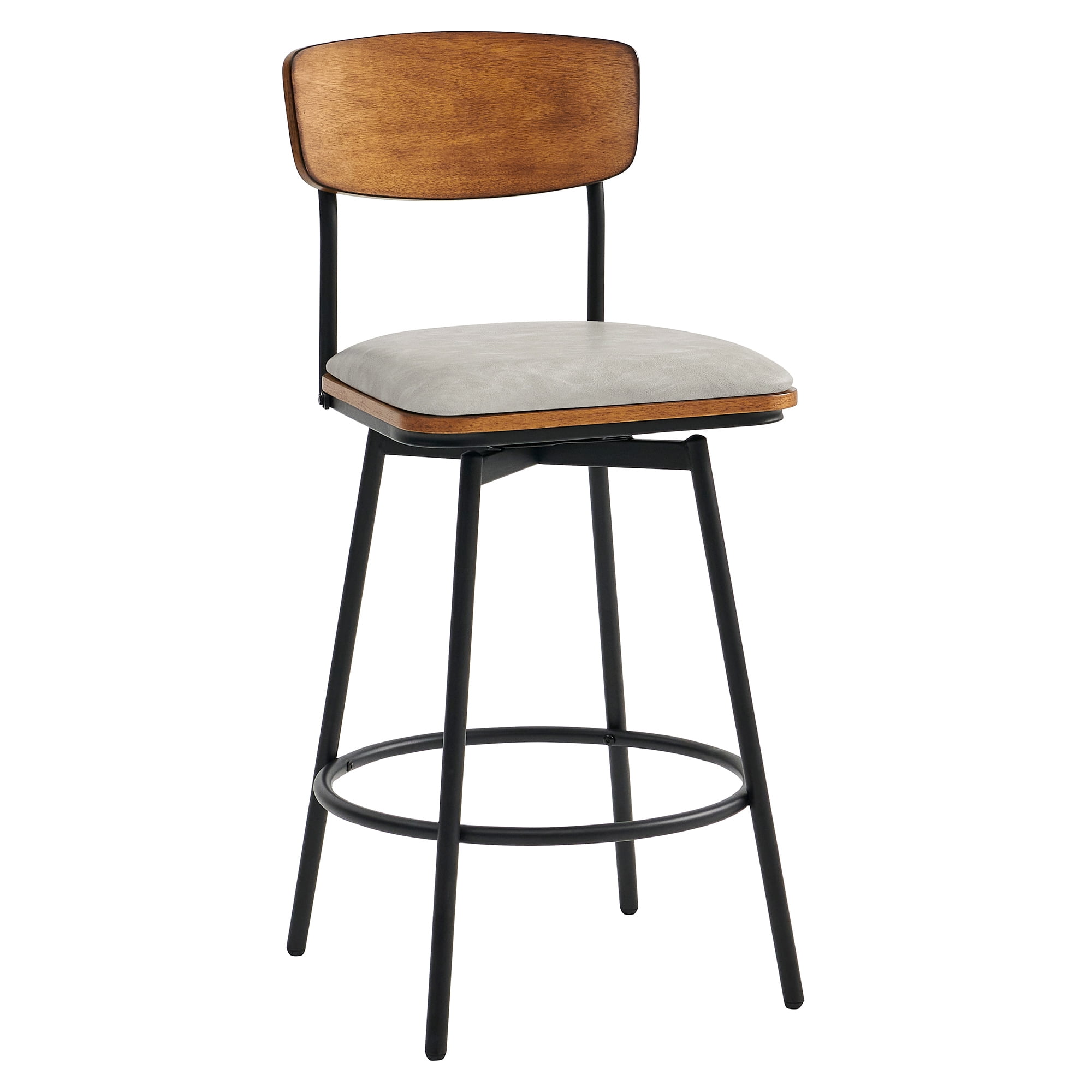 Spruce & Spring Counter Height Swivel Bar Stool with Wood Back and Metal Base Set of 3, Sand Grey, Faux Leather