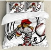 Teen Room Decor Queen Size Duvet Cover Set, Baseball Cartoon Player Hitting the Ball Boys Kids Caricature Print, Decorative 3 Piece Bedding Set with 2 Pillow Shams, Grey Red White, by Ambesonne