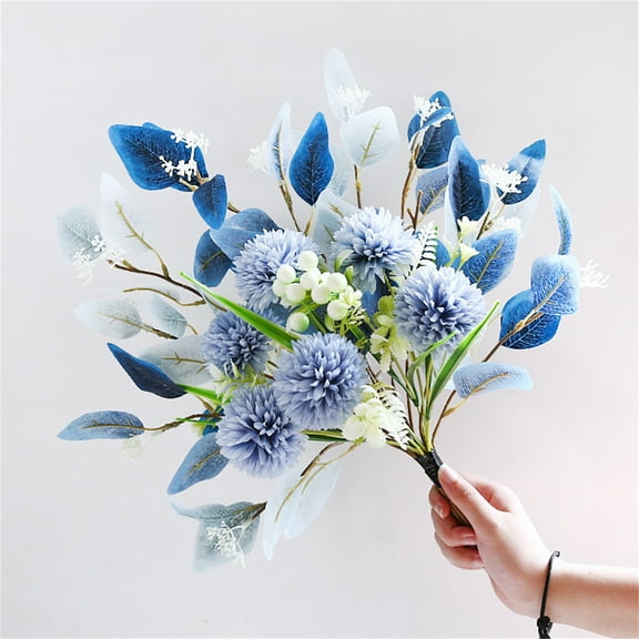 Artificial Flowers Fake Hydrangea with Eucalyptus Bouquet Faux Chrysanthemum Ball 1 Bunch Silk Faux Flowers for Wedding Christmas Living Room Porch Decoration Blue(Vase NOT Including),Topboutique