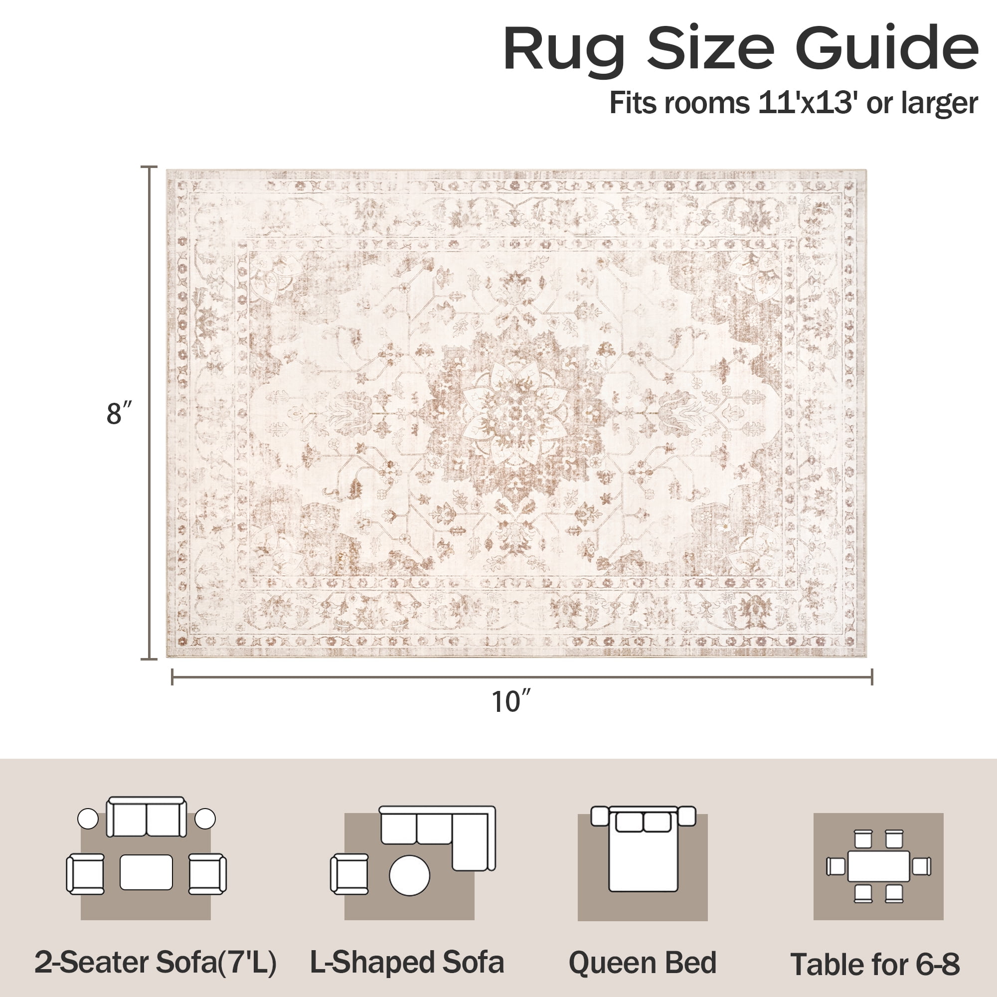 TrumanPick 8x10 Washable Rug, Vintage Distressed Medallion Rugs with Non-Slip & Stain Resistant, Large Beige Area Rug for Living Room Bedroom Dining Room