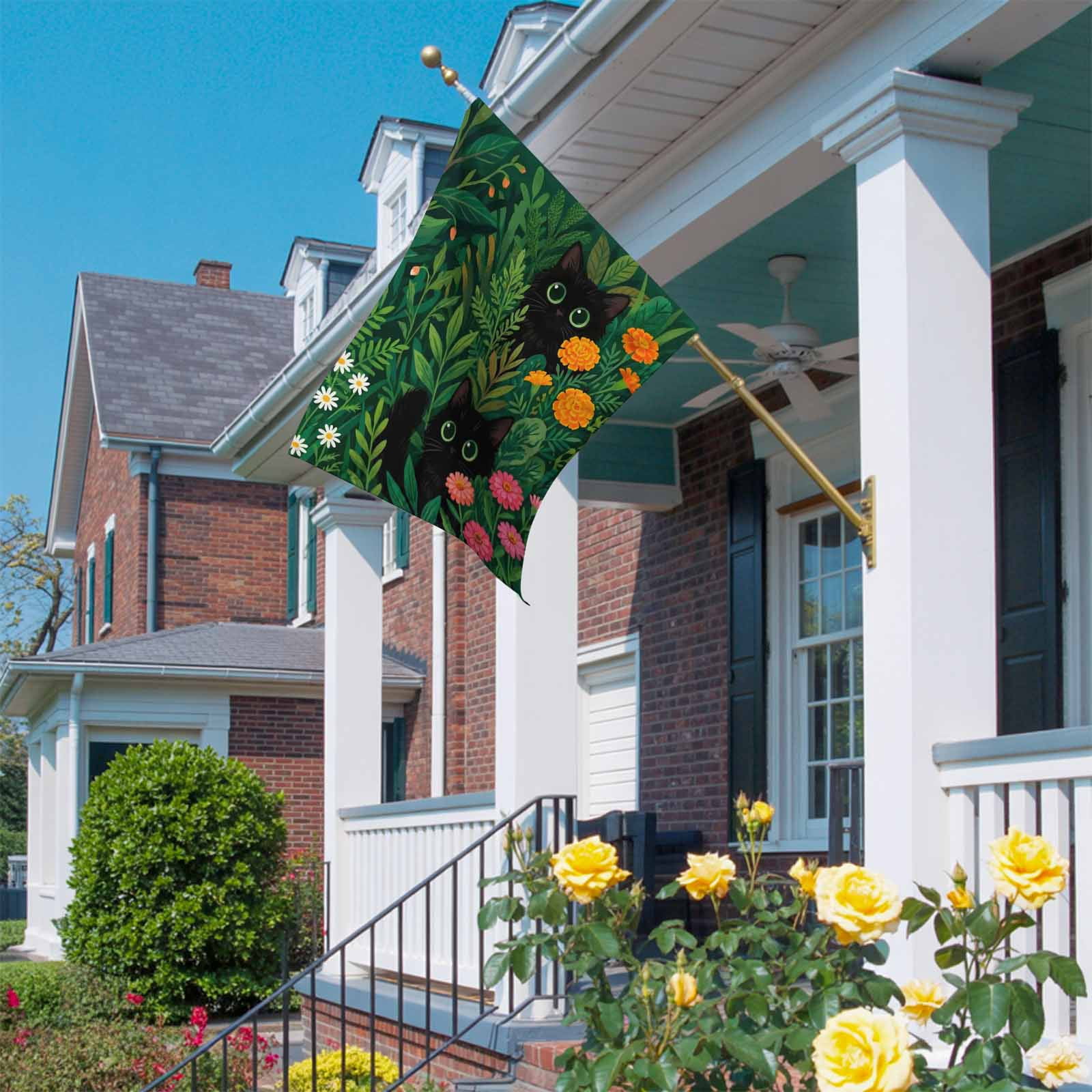 Black Cat House Flag 28 x 40 Inches, Pink Orange Flower Green Grass Spring Daisy Floral Weather Proof Outdoor Patio Flags Double Sided Small House Decoration for Yard Lawn Outside Home