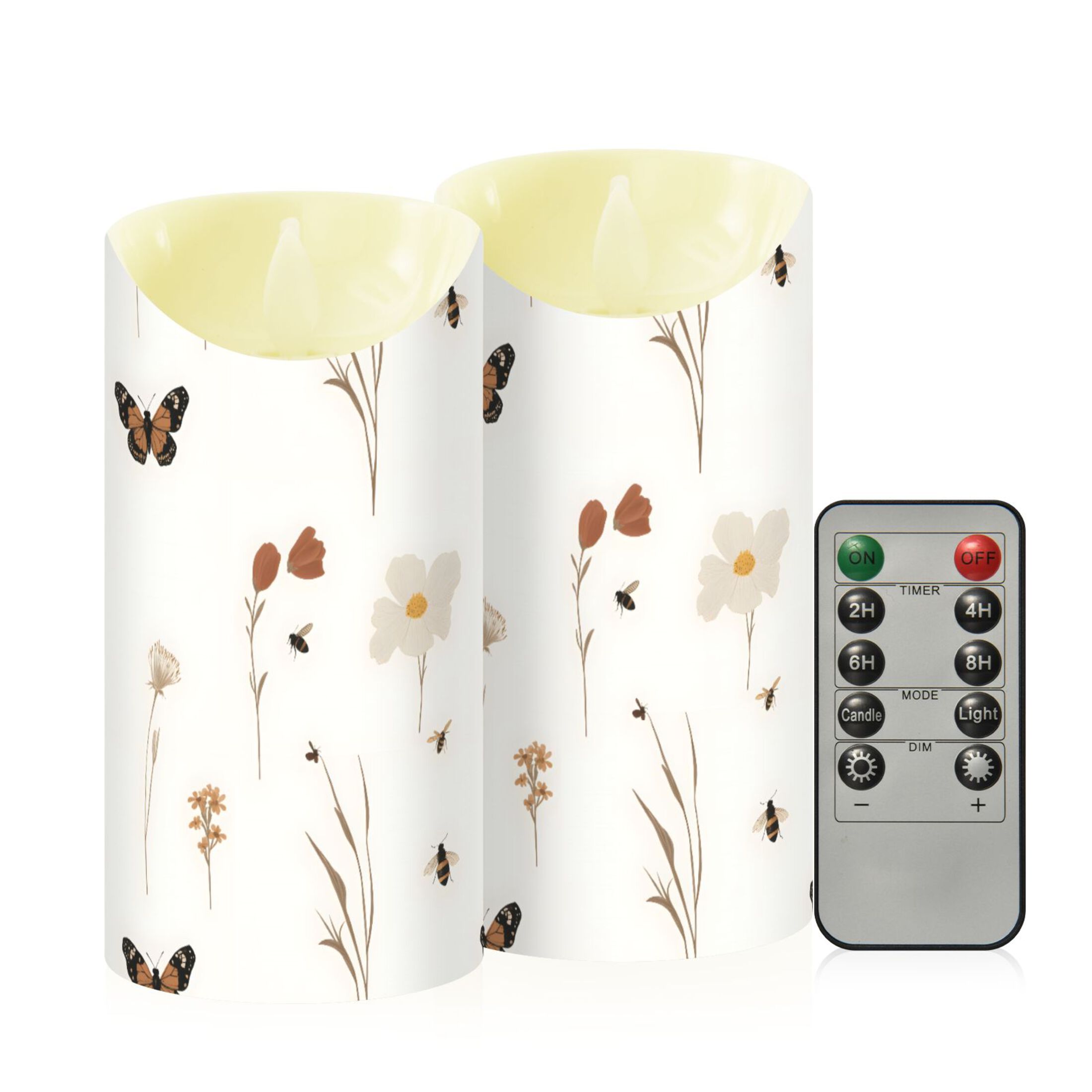 Wildflowers and Insects Flameless Candles 2 PCS with Remote Realistic Moving Flame LED Tapered Pillar Set for Home Decor