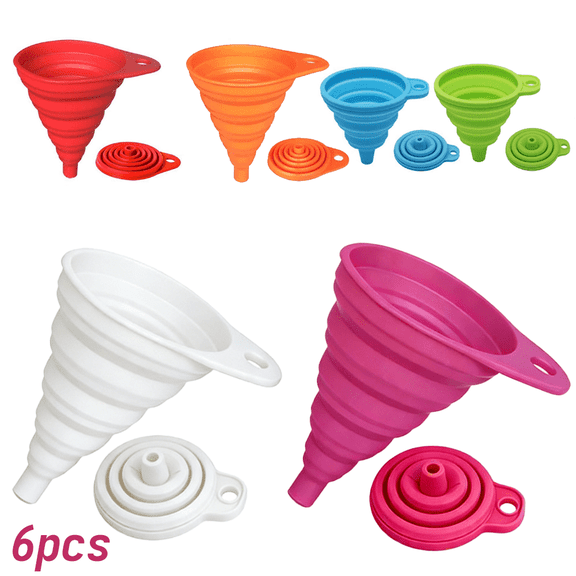 Prichor Kitchen Funnel Set – 6 Pack Small and Large – Foldable Silicone Collapsible Funnels for Filling Water Bottle – Liquid Transfer – Food Grade