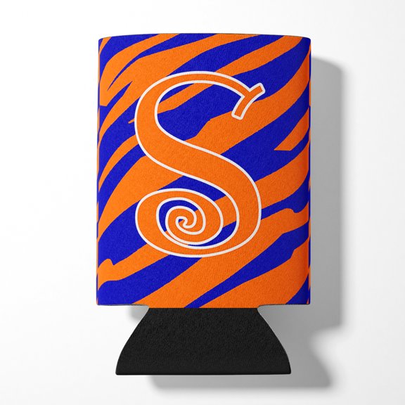Letter S Initial  Tiger Stripe Blue and Orange Can or Bottle Hugger
