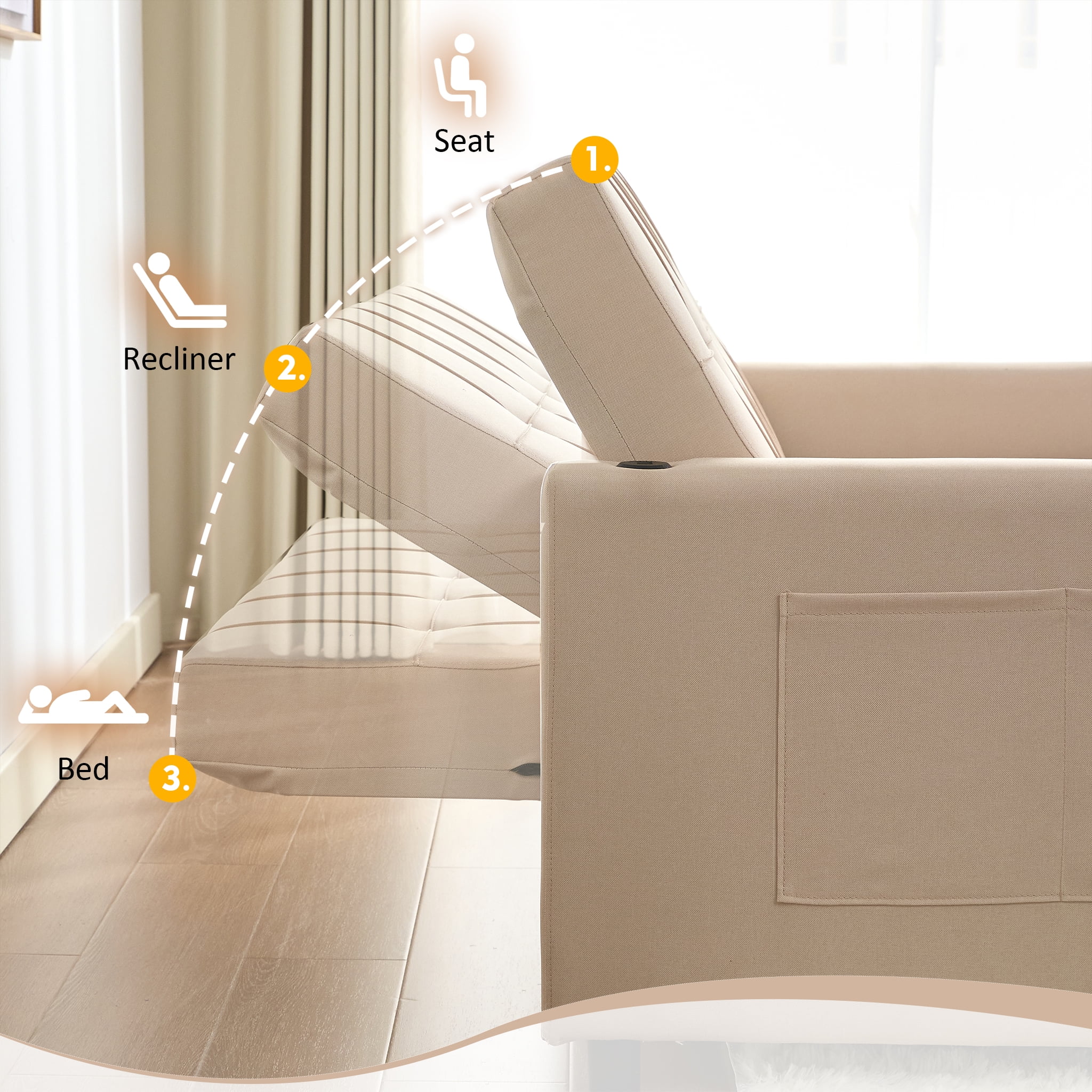 LAKPS 52" Linen 3-in-1 Convertible Sleeper Sofa with Pull-Out Bed, Stepless Adjustable Backrest & Side Pocket - for Family, Living Room, Dorm, Apartment, Linen, White