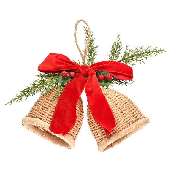 Woven Bells with Bow Hanging Christmas Decoration, Brown/Red/Green, 11.5"