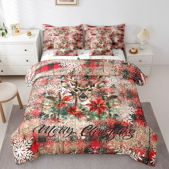 Erosebridal Xmas Reindeer Bed in a Bag Twin size, Merry Christmas Bedding Twin Size, Vintage Red Plaid Reversible Bed Set, Super Cozy Room Decor, 7pcs