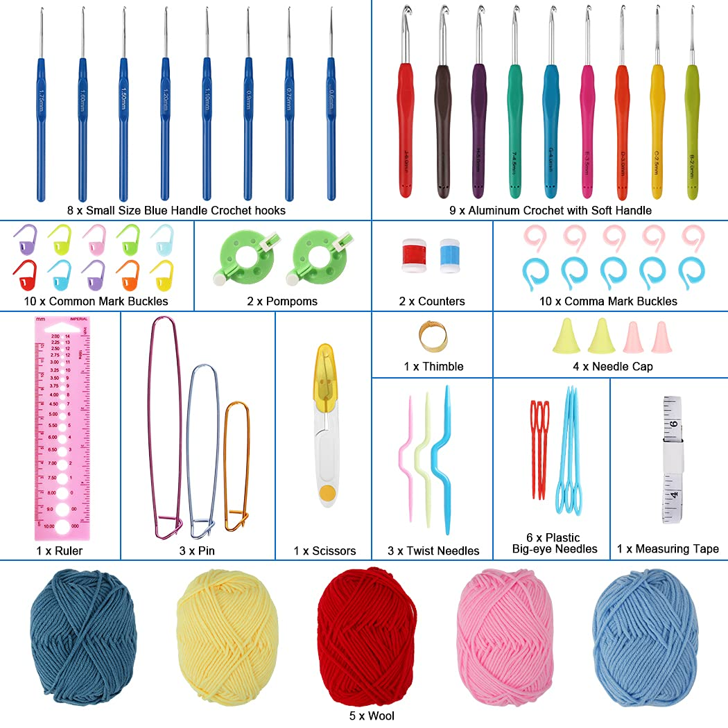 Allnice Crochet Kit Beginners Crochet Hook Set with Case, 67 PCS Portable Crochet Set, Ergonomic Crochet Hooks Include 5 Roll Yarn Knitting Needles and Other Supplies for Beginners Adults