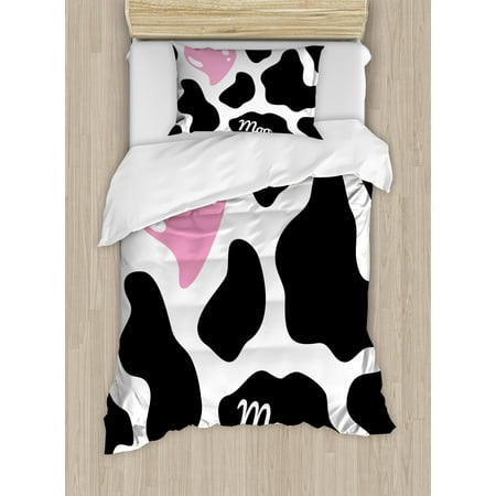 Black And White Duvet Set Cow Print Duvet Cover Set, Camouflage Hide Pattern in Black and White with Cute Pink Heart Shape Moo, Decorative Bedding Set with Pillow Shams, Pink Black White, by Ambesonne ()