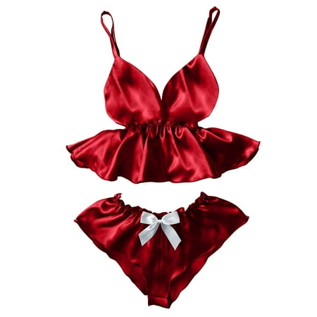 

Odeerbi Sexy Lace Lingerie for Women V-Neck Eyelash Stain Camisole Pajamas Bowknot Shorts Set Red