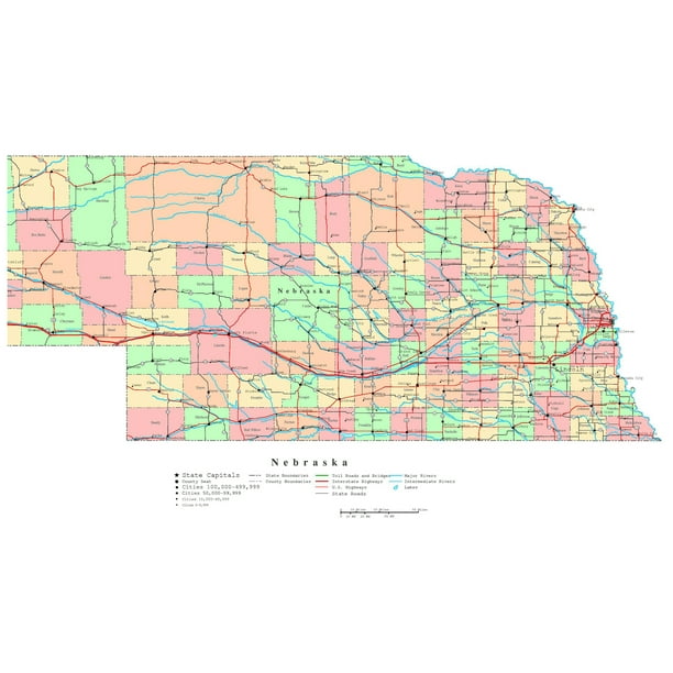 Laminated Map - Large detailed administrative map of Nebraska state ...