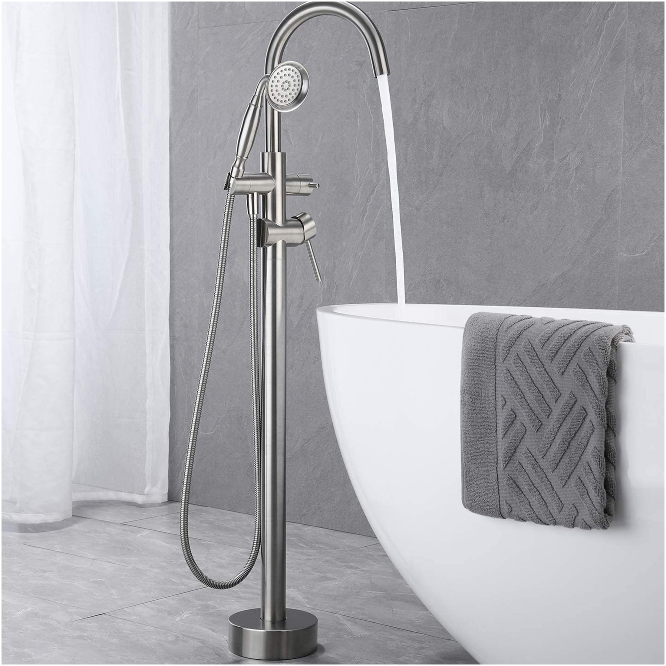 JERFIT Freestanding Bathtub Faucet with Handheld Shower, Floor Mount Tub Filler in Brushed Nickel Finish, High Arc Brass Spout