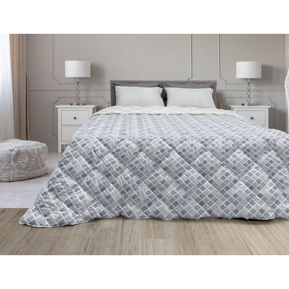 Floral Down Alternative Comforter, Ornamental Swirled Flower Lines Abstract Victorian Retro Curves Rococo Print, Microfiber Quilt for All Season, 5 Sizes, Pale Blue White, by Ambesonne