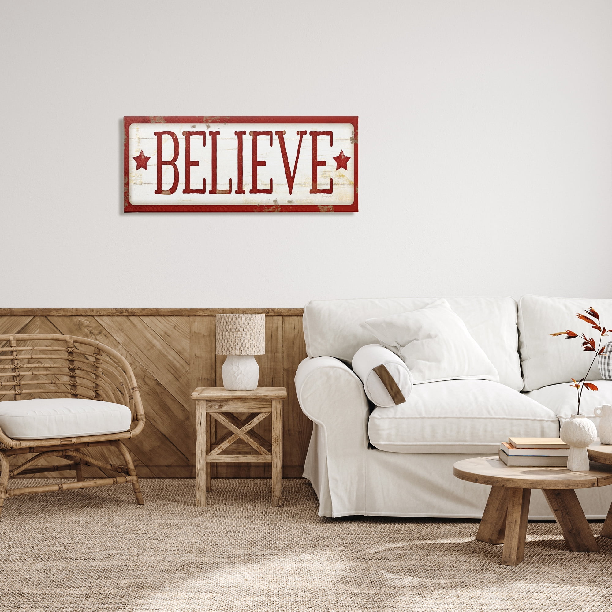 Stupell Industries Believe Red Christmas Phrase Holiday Painting Gallery Wrapped Canvas Art Print Wall Art, 40 x 17
