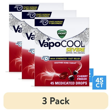 (3 pack) Vicks Vapo Cool Severe Menthol Drops, Cold Medicine for Sore Throat Remedy, Cherry, 45 Count