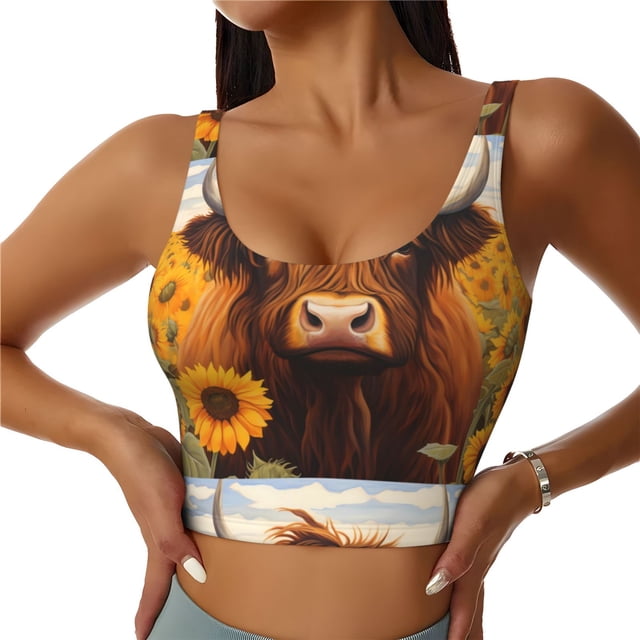 Fotbe Countryside Sunflower Cow Sujetador Deportivo Largo sin Aros para Mujer con Almohadillas y Soporte Medio, Transpirable y Absorbente, Camiseta Tipo Chaleco o Tank Top-Medium