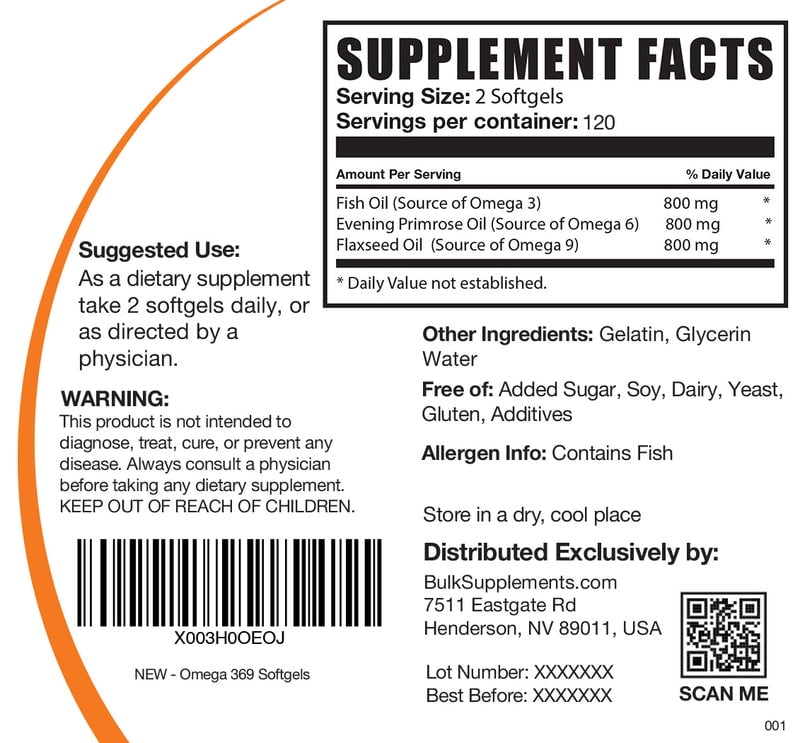 BulkSupplements Omega 3-6-9 Softgels - 2 Softgels per Serving (2400mg), 240 Count