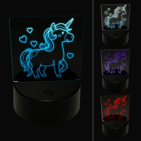 Cute Unicorn with Hearts LED Night Light Sign 3D Illusion Desk Nightstand Lamp