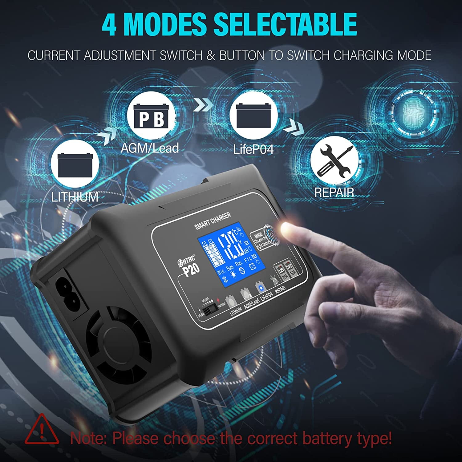 20-Amp Smart Battery Charger,Lithium,LiFePO4,Lead-Acid(AGM/Gel/SLA..) Car Battery Charger,Trickle Charger, Maintainer/Deep Cycle Charger,12V/20A and 24V/10A,for Boat,Motorcycle,Lawn Mower,Golf Cart..