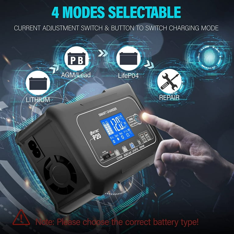 20-Amp Smart Battery Charger,Lithium,LiFePO4,Lead-Acid,Portable Car Battery Charger,Trickle Charger,Maintainer/deep Cycle Charger,12V/20A and 24V/10A