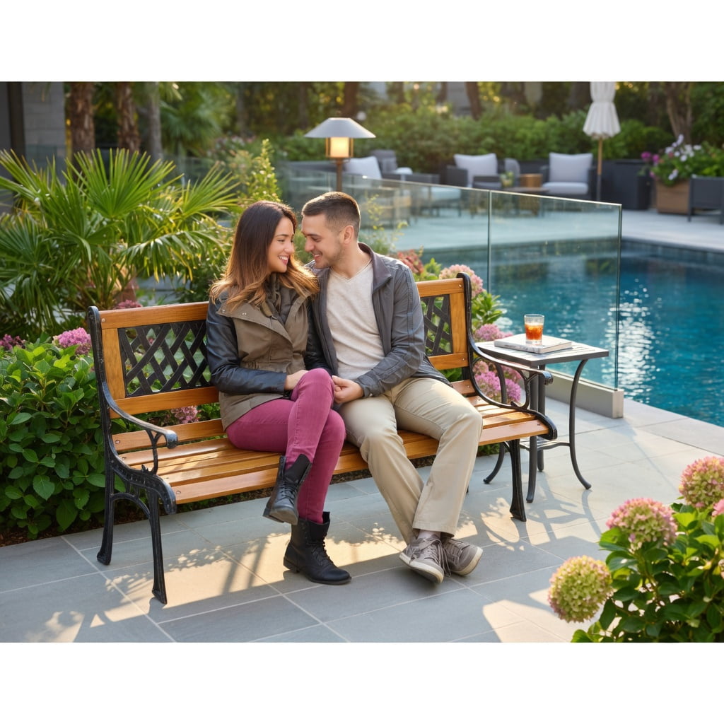 Hommoo Heavy-Duty Cast Iron Outdoor Patio Bench with Solid Wood Seat, Black + Natural